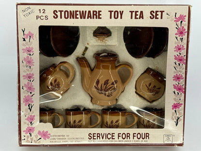 Vintage Stoneware Toy Tea Set 12pc SUMMCO Brown Floral Miniature in Box 5927