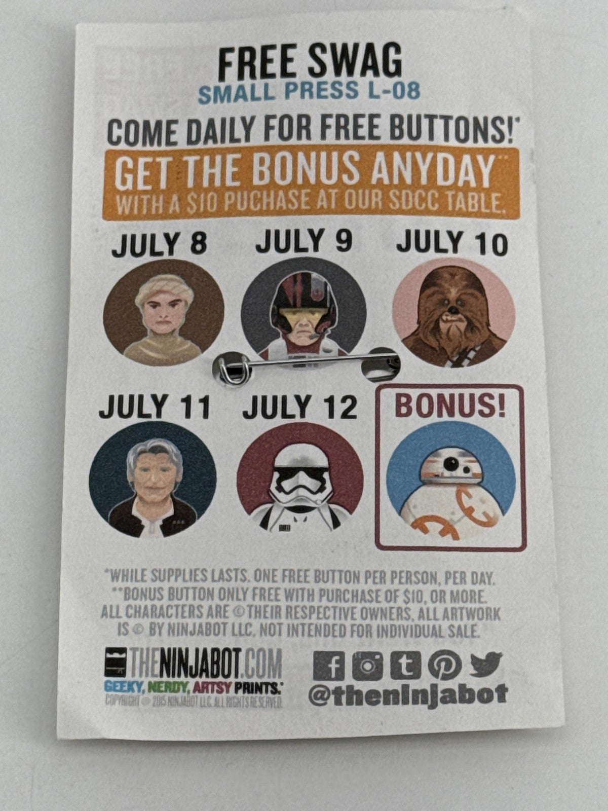 Star Wars Ninjabot Star Buttons SDCC 2015 Exclusive Pin Set Rey BB-8 Trooper Red