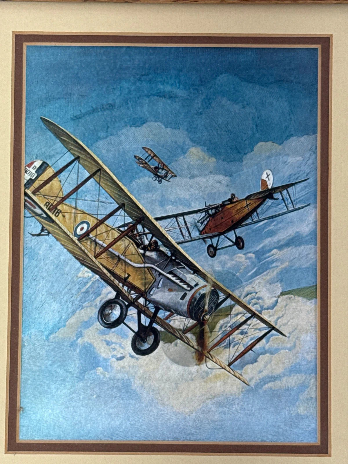 WWI Biplane Dogfight Framed Aviation Art Print 11x12.5 English Oak Frame Vintage