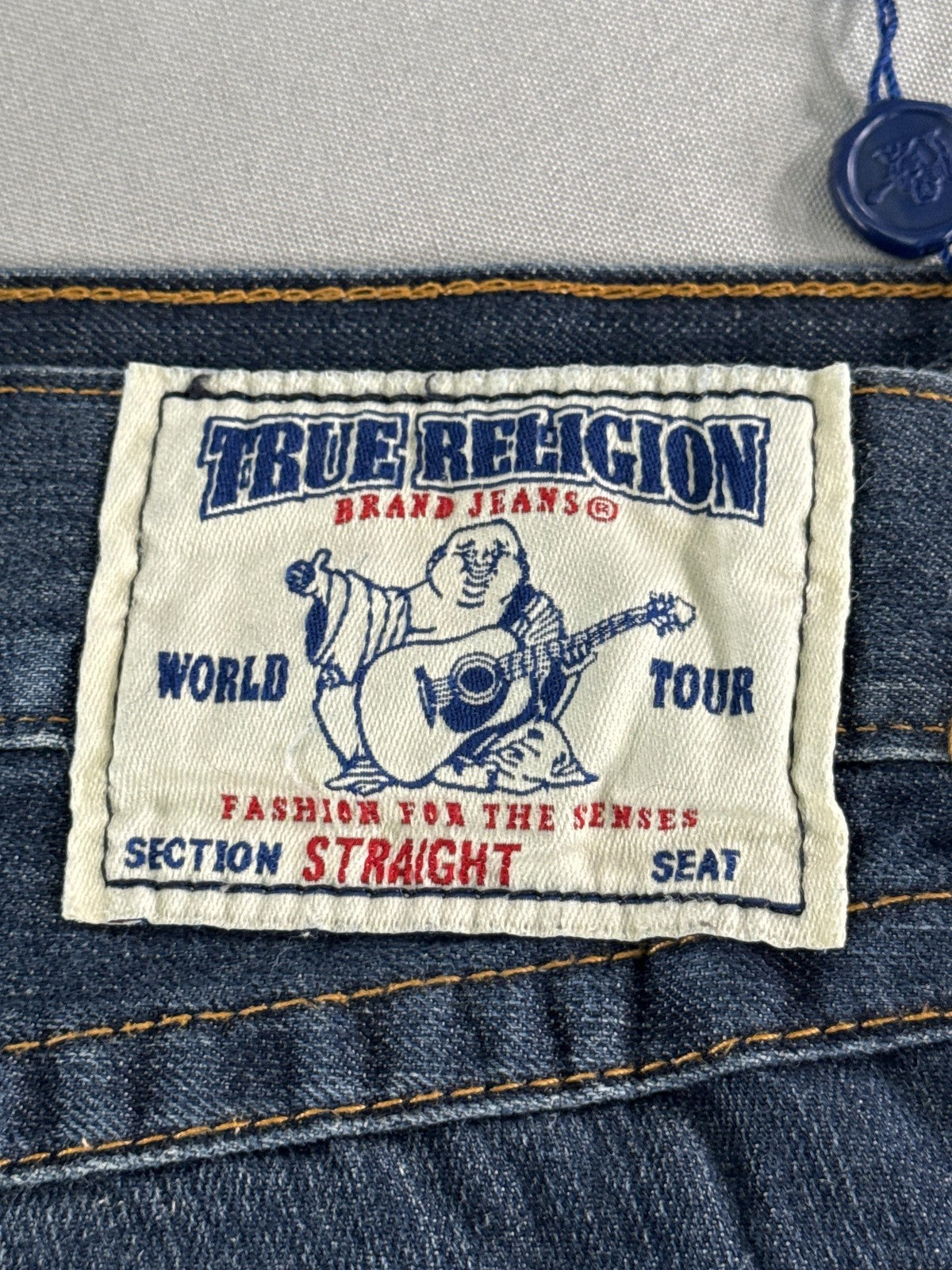 True Religion Jeans Mens 34 Blue Straight Flap Pockets Denim Made USA Dark Wash