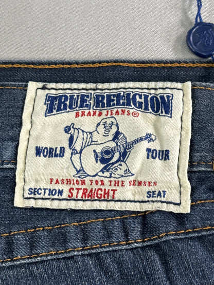 True Religion Jeans Mens 34 Blue Straight Flap Pockets Denim Made USA Dark Wash