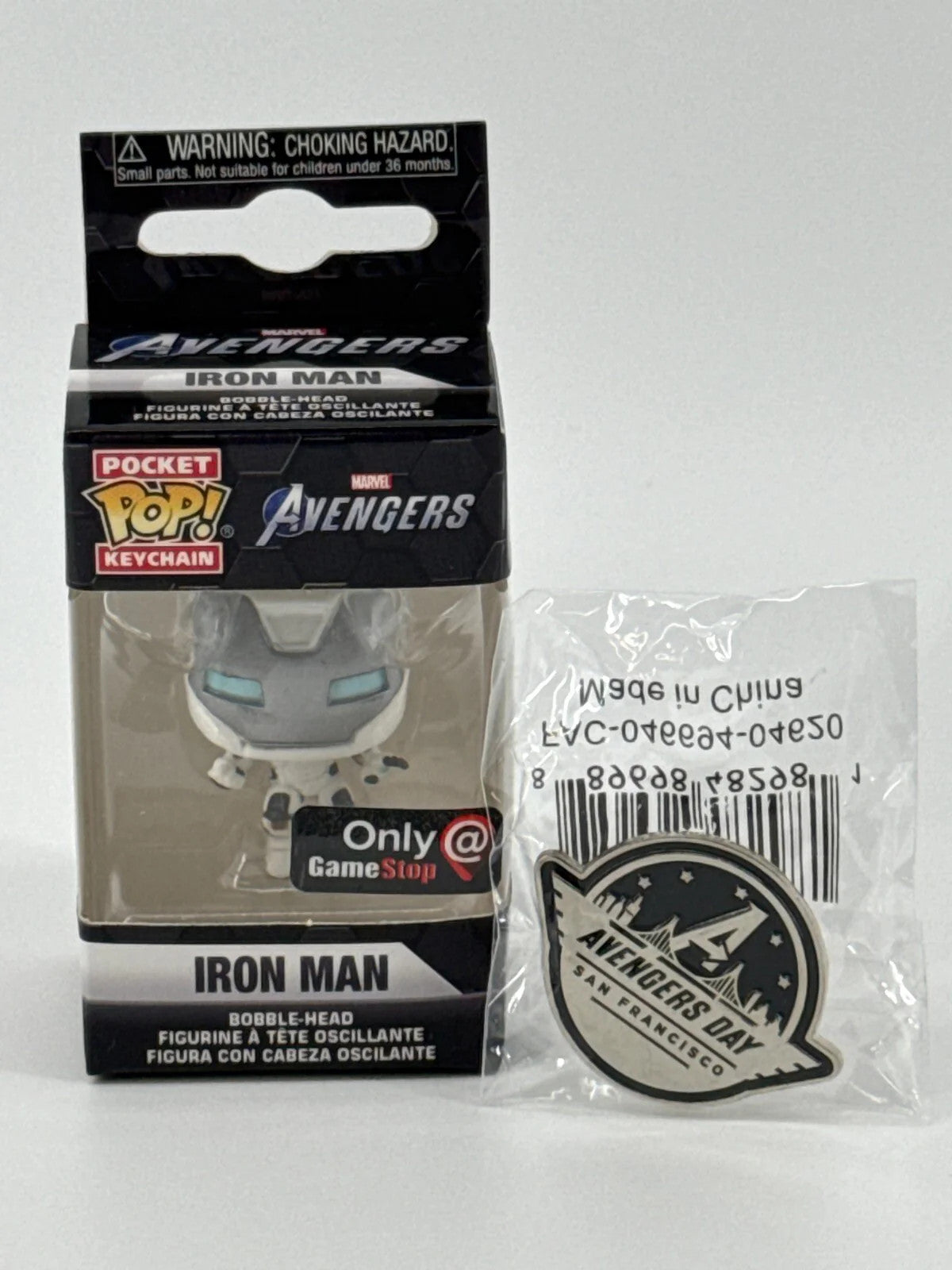 Funko POP! Pocket Iron Man Keychain Gamestop Exclusive + Avengers Day Pin Marvel