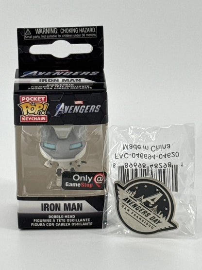Funko POP! Pocket Iron Man Keychain Gamestop Exclusive + Avengers Day Pin Marvel