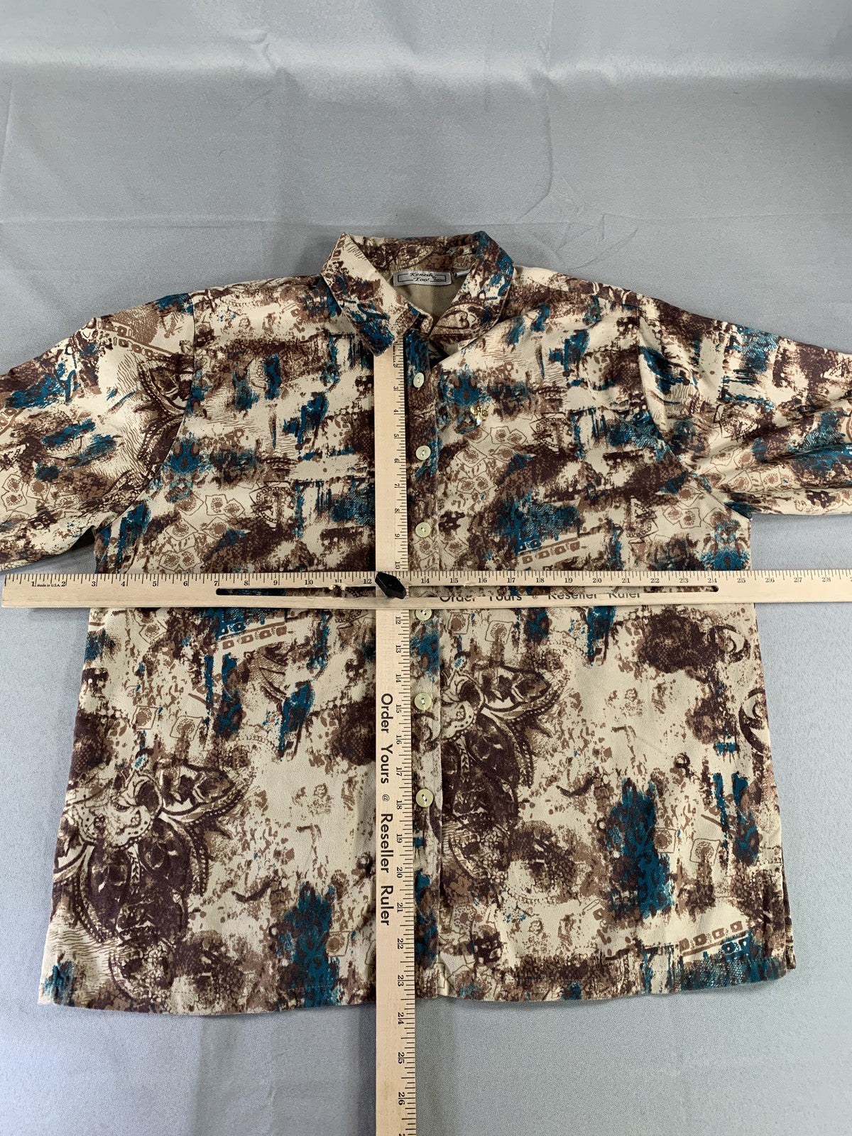 Keneth Too Shirt Womens Plus XL Beige Blue Brown Abstract Print Button Up Top