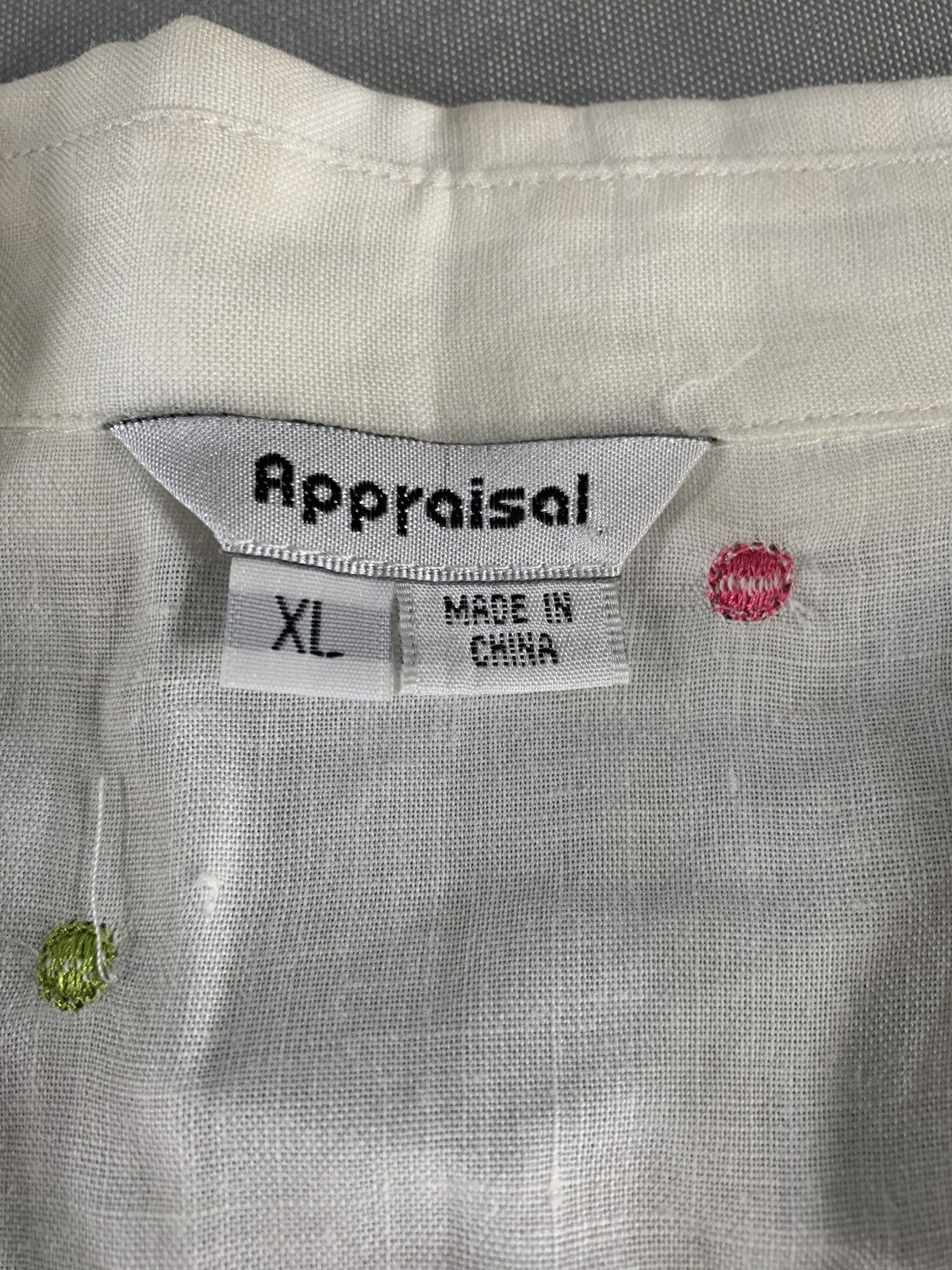 Appraisal Shirt Womens XL White Embroidered Polka Dot Button Up Blouse Ramie Top
