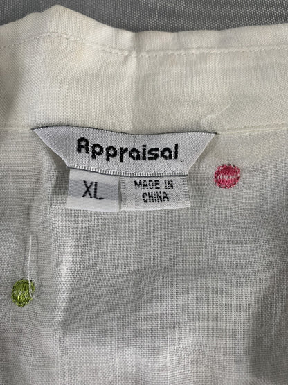 Appraisal Shirt Womens XL White Embroidered Polka Dot Button Up Blouse Ramie Top