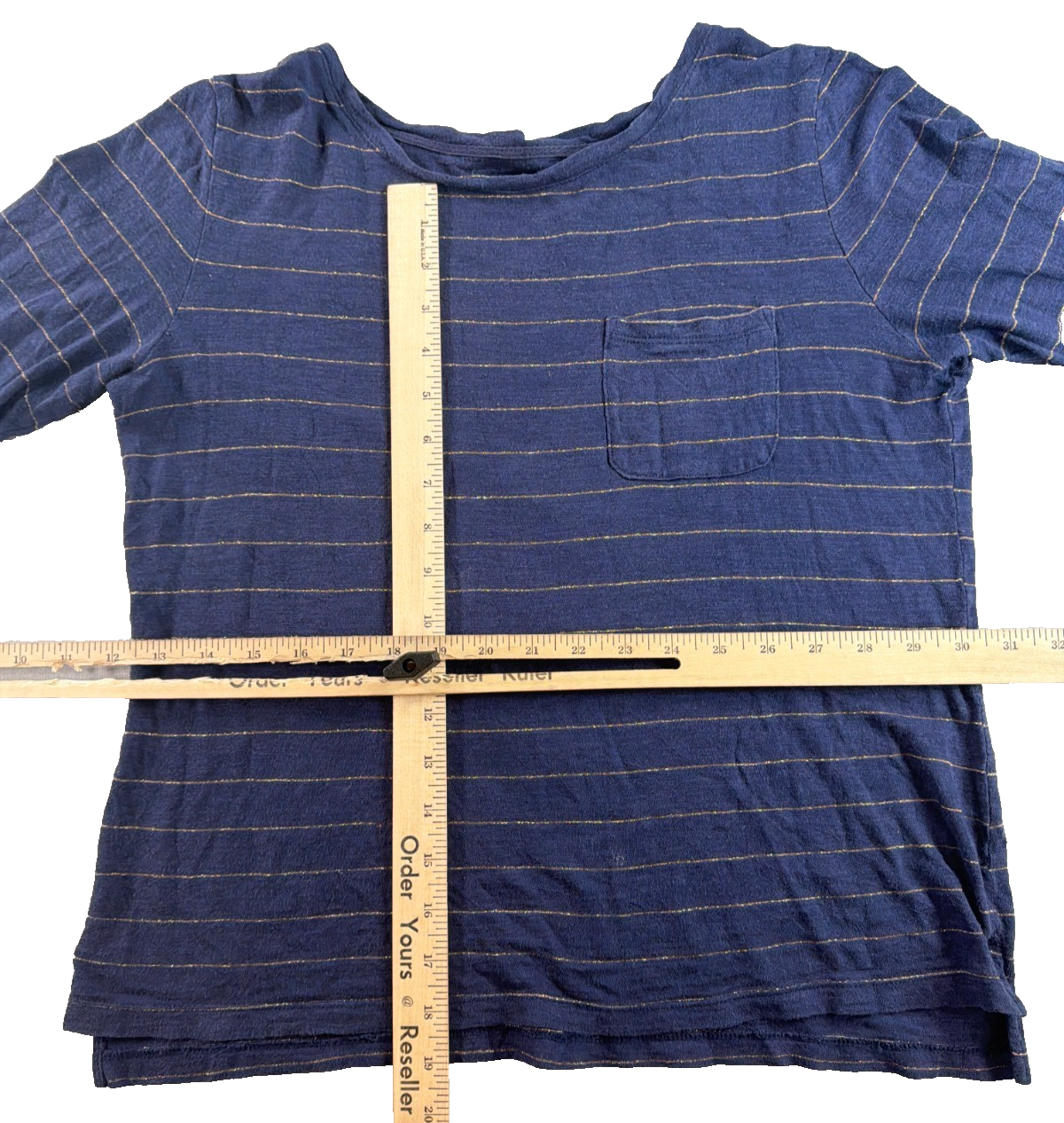 Banana Republic Malibu Tee Navy Gold Metallic Stripe 3/4 Sleeve Pocket Top S