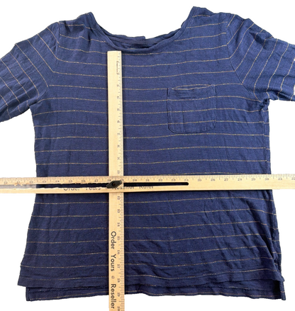 Banana Republic Malibu Tee Navy Gold Metallic Stripe 3/4 Sleeve Pocket Top S