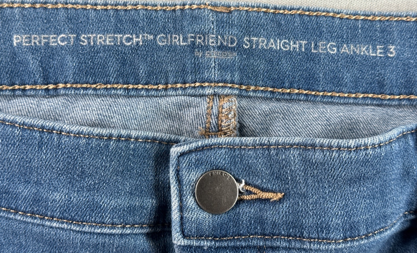 Chicos Girlfriend Straight Crop Jeans Womens 3 Blue Raw Hem Stretch Denim