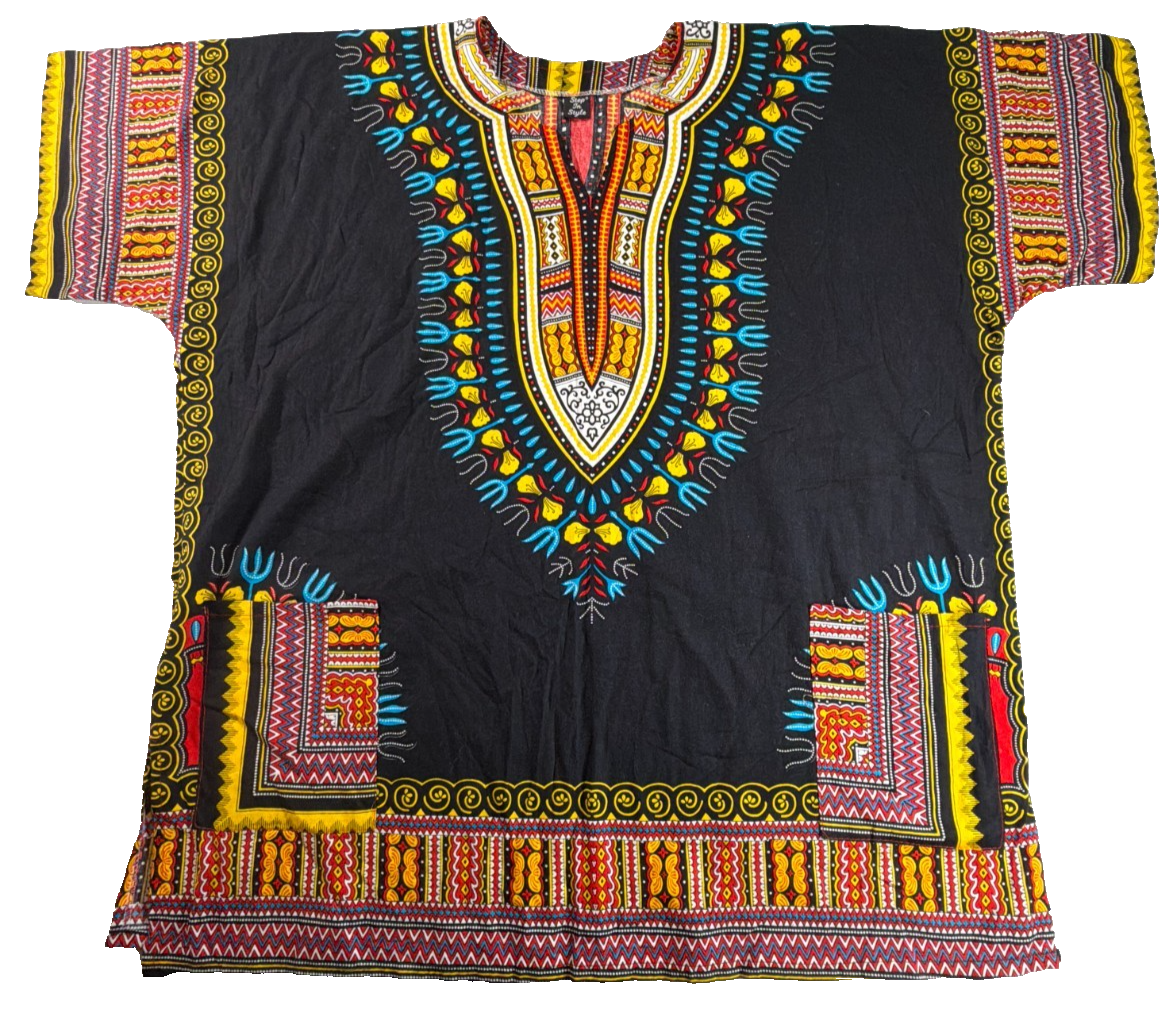 Dashiki African Print Unisex Black Multicolor Cotton Tunic Shirt Step In Style