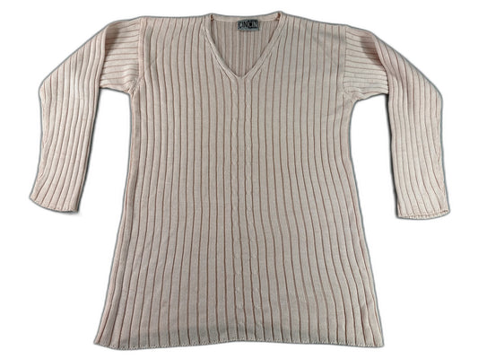 CINCIN Striped Neck Long Sleeve Knit Sweater Pink ONE Stretchy Collarless