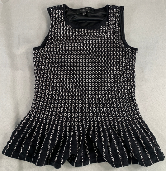 Ann Taylor Petite XSP Knit Peplum Top Black White Sleeveless Stretch Textured