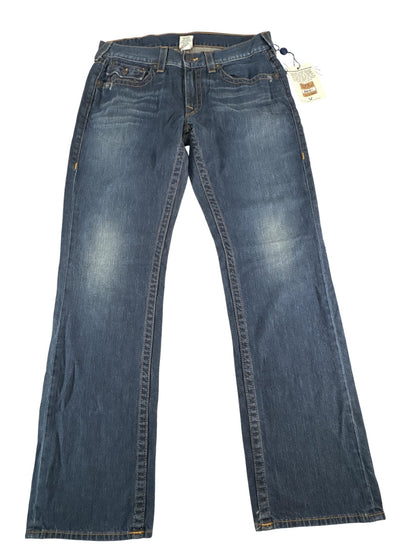 True Religion Jeans Mens 34 Blue Straight Flap Pockets Denim Made USA Dark Wash