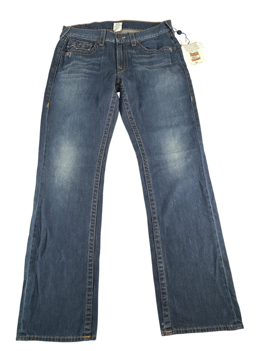 True Religion Jeans Mens 34 Blue Straight Flap Pockets Denim Made USA Dark Wash