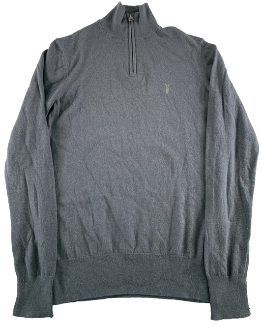 AllSaints Kilburn Zip Funnel Neck Ramskull Sweater Men XS Gray Wool Blend MK112