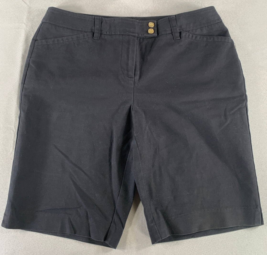Charter Club Black Bermuda Shorts Women 10 Cotton Stretch Gold Buttons Classic