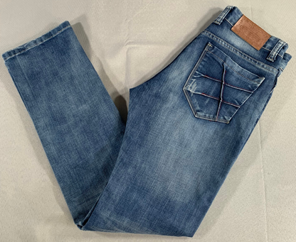 Yutong Jeans Mens 29x32 Slim Straight Fit Blue Moto Style Denim Distressed Wash