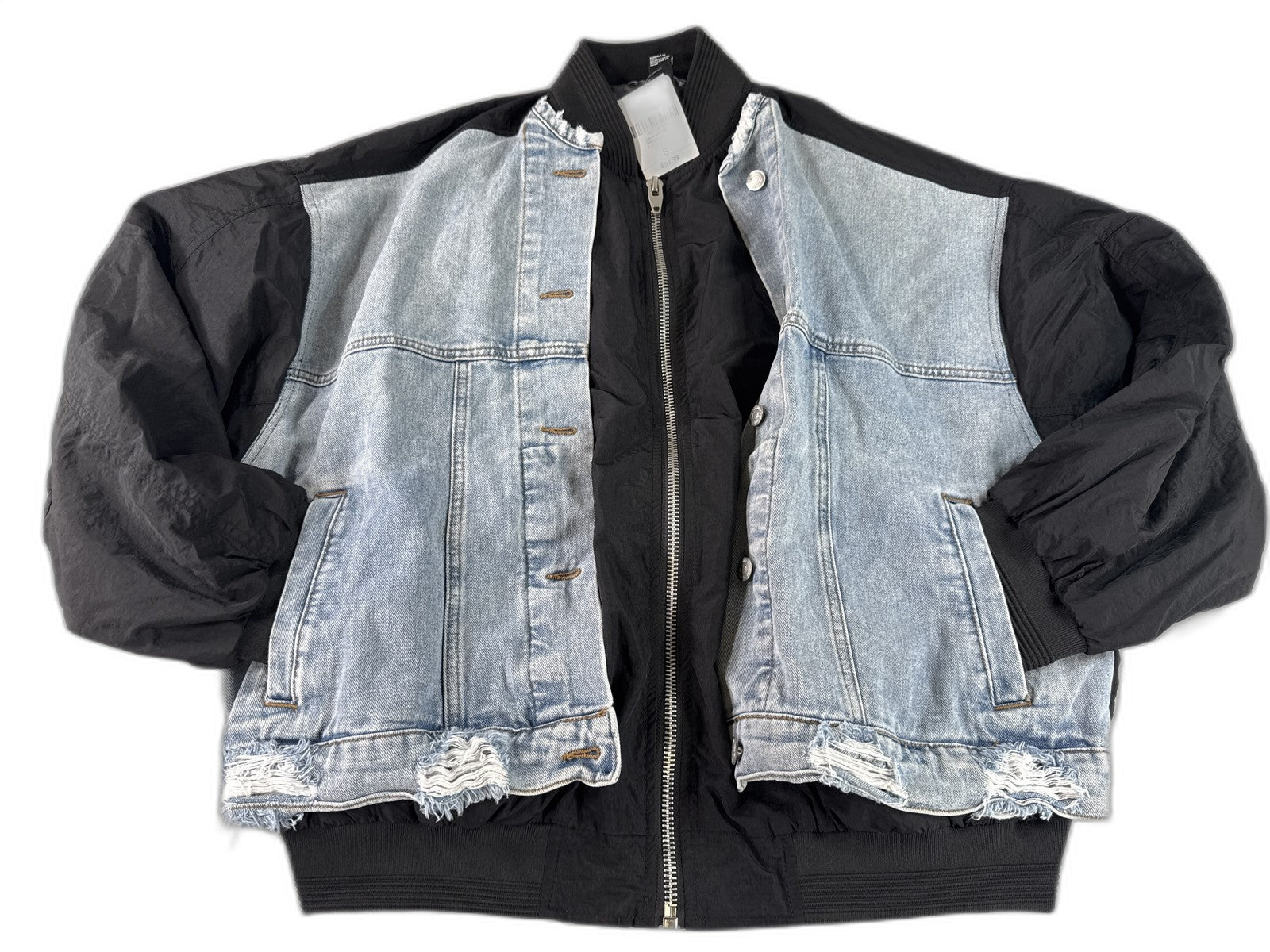 FOREVER 21 Bomber Jacket Womens S Black/Denim Cotton/Polyester Regular Fit Zip