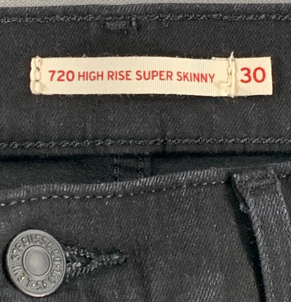 Levi’s 720 High Rise Super Skinny Jeans W30 Black Raw Hem Stretch Denim 28.5"