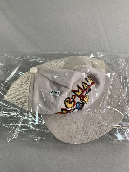 VINTAGE Pac-Man Hat Cap Snap Back White Trucker Mesh Embroidered Arcade Mens 90s