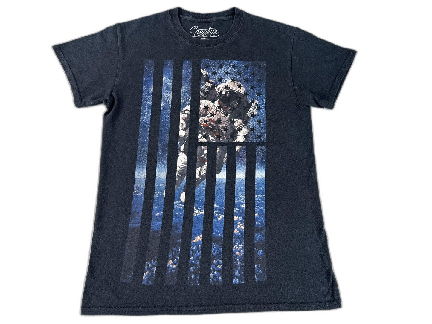 Creative Astronaut Flag Graphic Tee SMALL Black Cotton Crewneck Short Sleeve Men