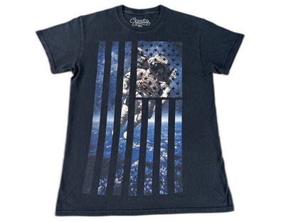 Creative Astronaut Flag Graphic Tee SMALL Black Cotton Crewneck Short Sleeve Men
