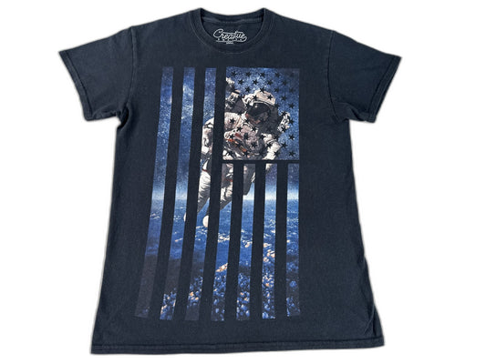 Creative Astronaut Flag Graphic Tee SMALL Black Cotton Crewneck Short Sleeve Men