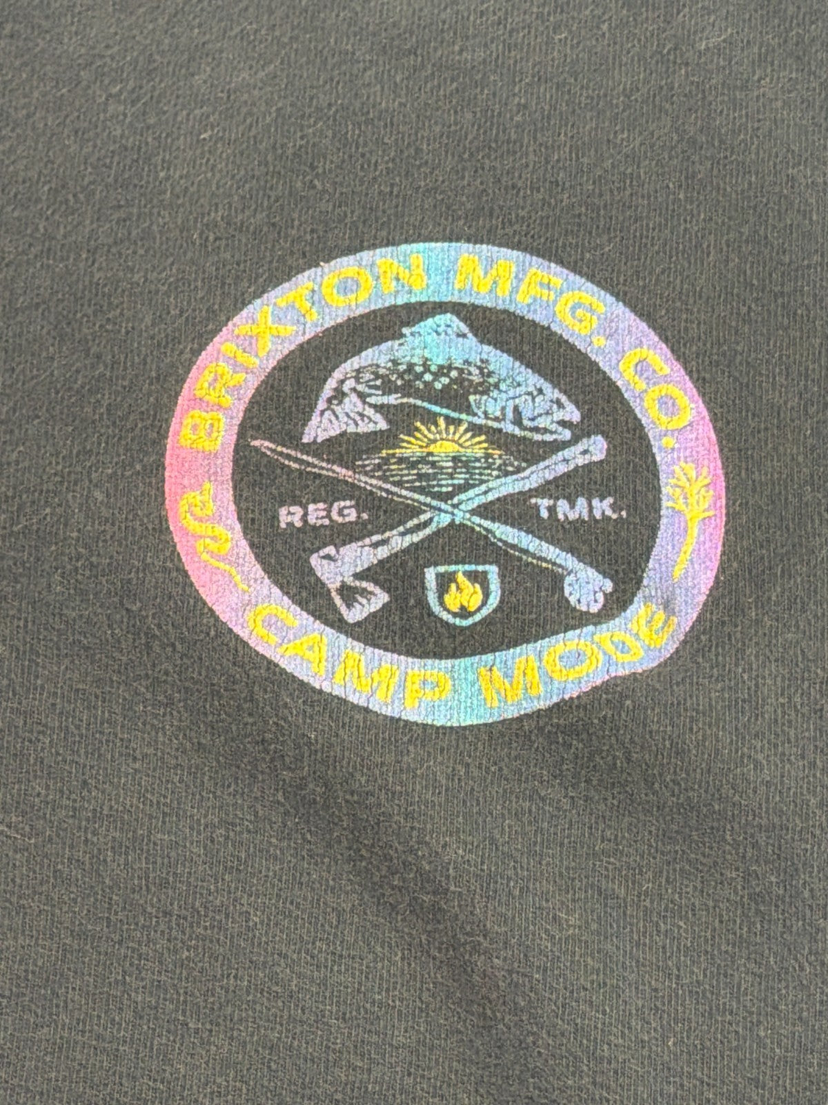 Brixton MFG Co Camp Mode Black Washed Fishing Camping Rainbow Graphic Tee Med