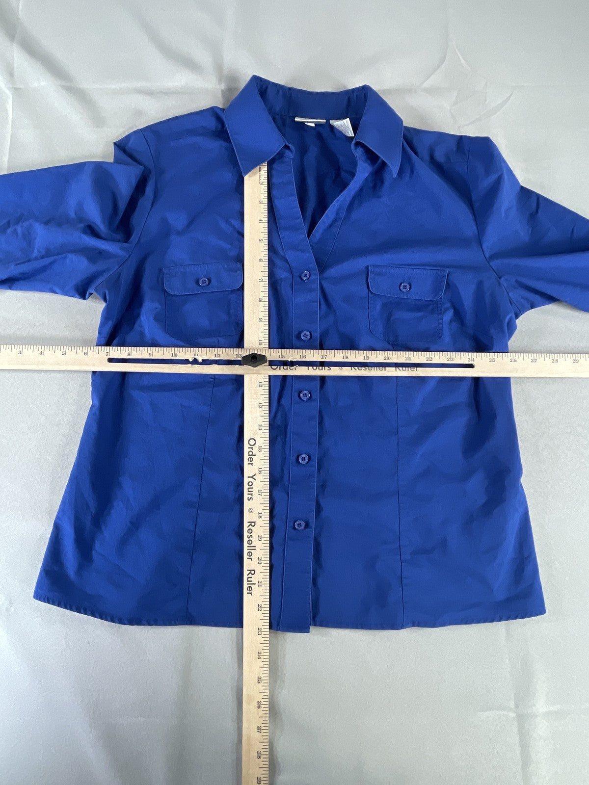 Chicos Jacket Womens 2 Blue Button Up Shirt Blouse 3/4 Sleeve Embroidered Heart