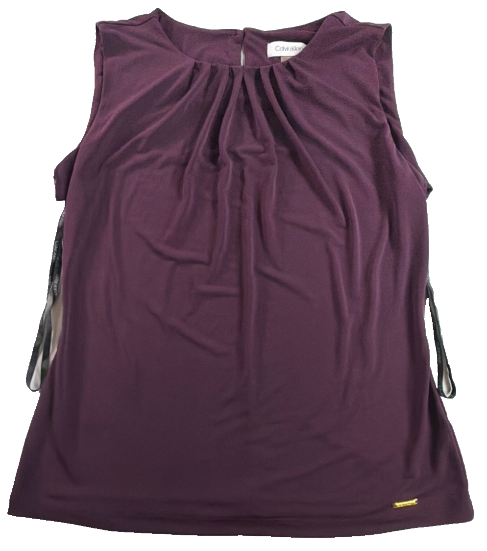 Calvin Klein Pleated Keyhole Sleeveless Top Women Small Purple Aubergine CK Gold