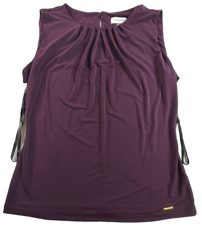 Calvin Klein Pleated Keyhole Sleeveless Top Women Small Purple Aubergine CK Gold