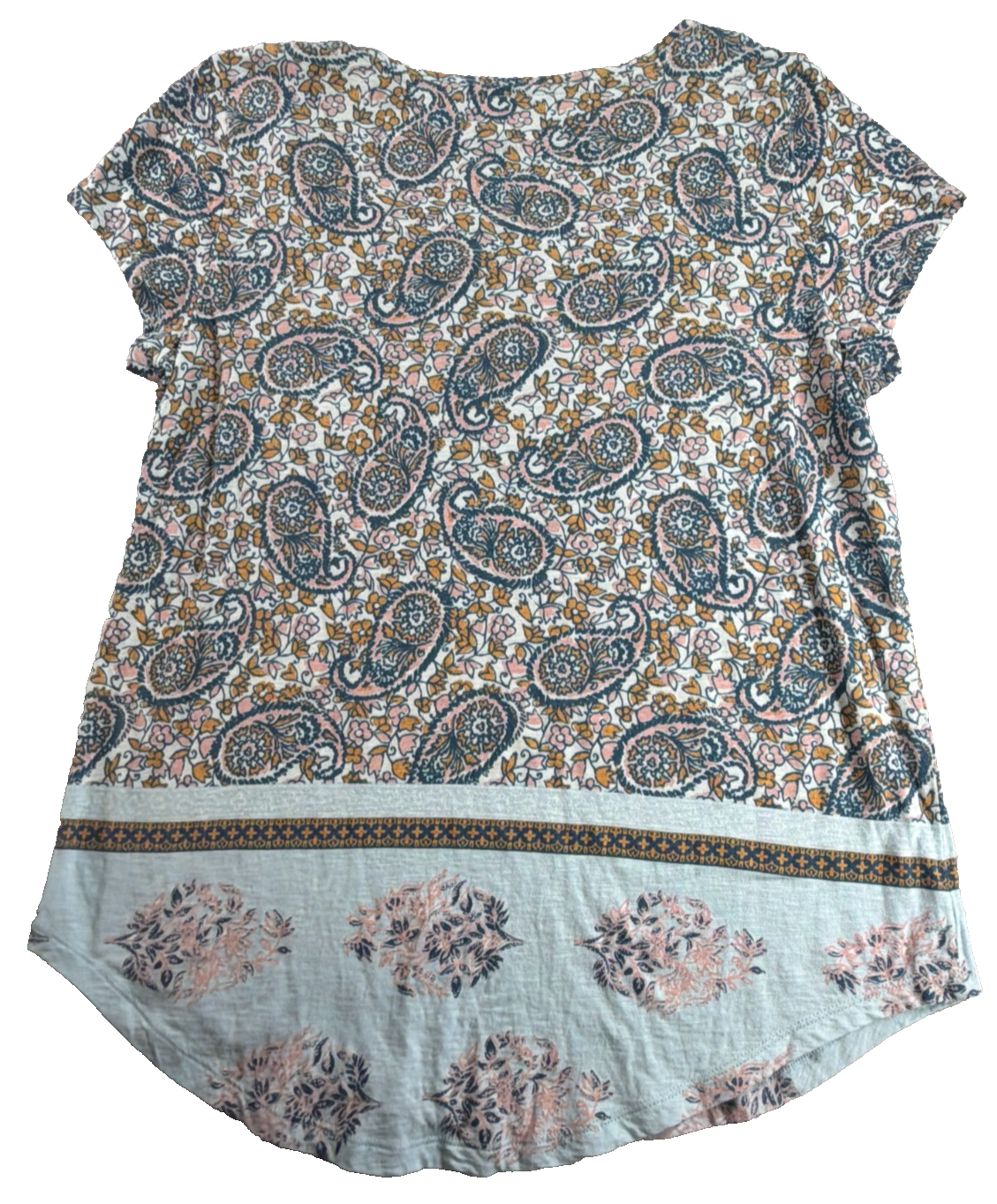 Lucky Brand Womens L Paisley Floral Mixed Print Boho Short Sleeve Tee Top LA