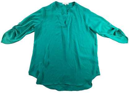 Chaus New York Blouse Women Small Teal Green V Neck Roll Tab Sleeve Chiffon Top