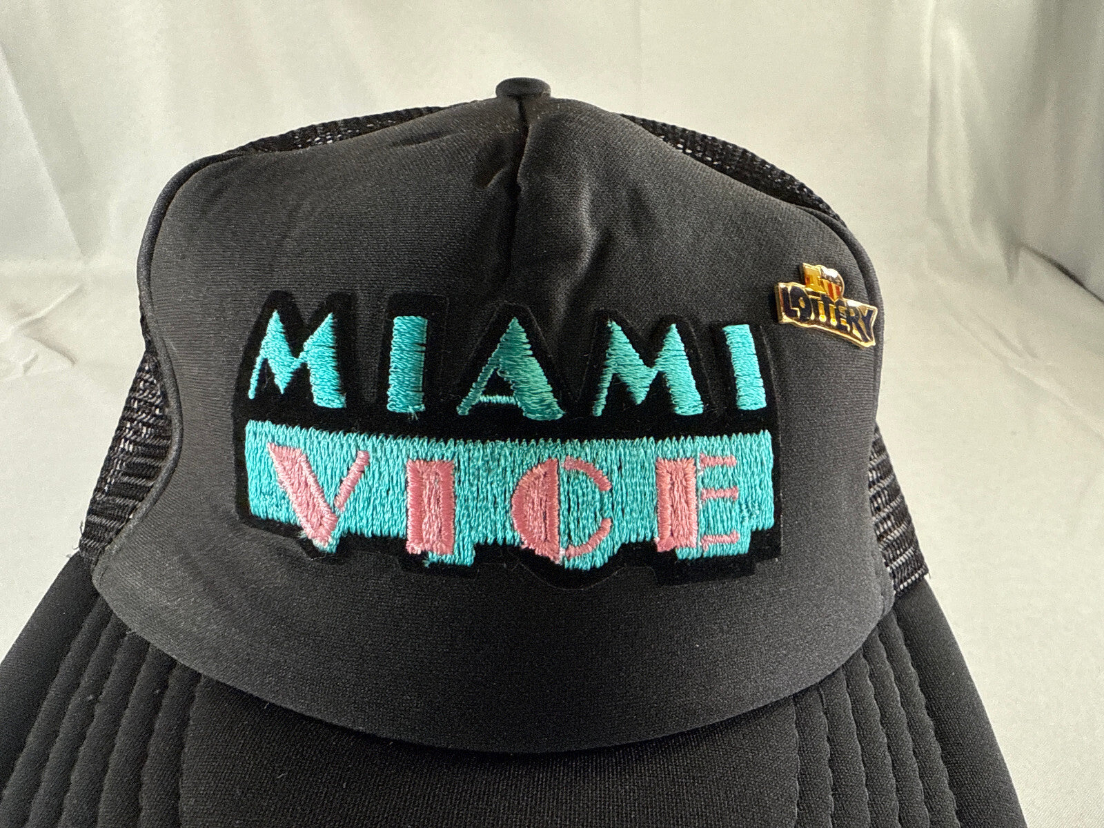 Vintage AHS Miami Vice Lottery Trucker Hat Black Mesh Cap Taiwan 80s M-L Snapbac