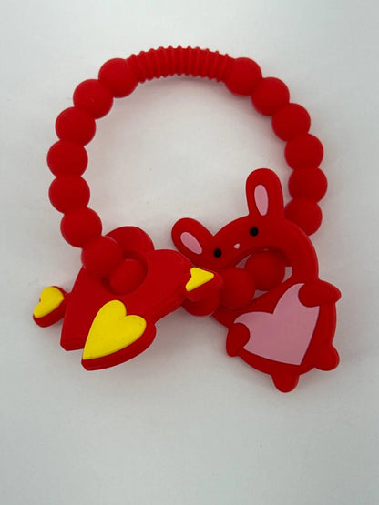 Silicone Baby Teething Toys Red Heart Bunny Ring Chew Rattle BPA-Free Soft