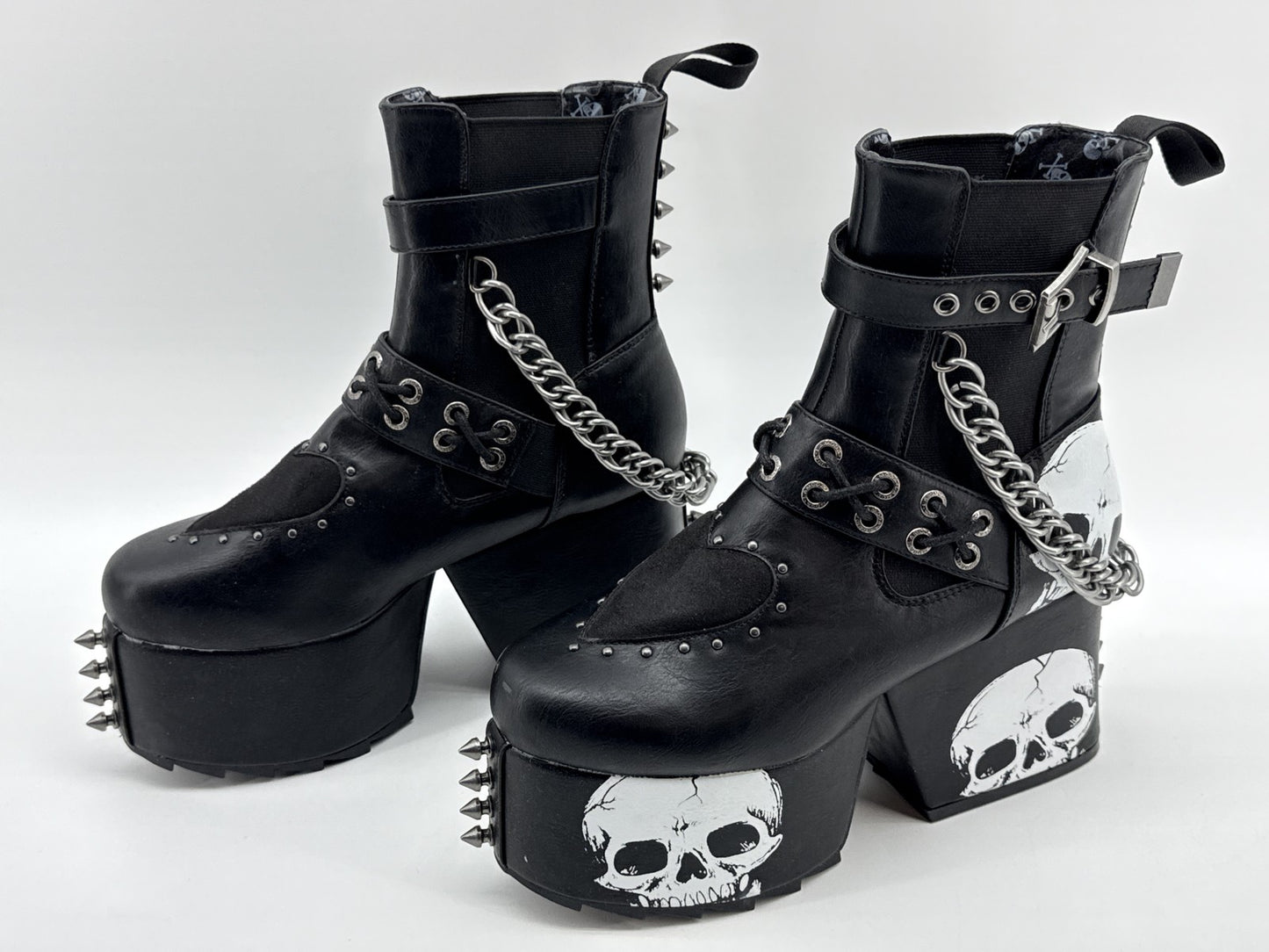 LAMODA Skull Punk Gothic Platform Boots Womens 8 Black Faux Leather Chains Goth