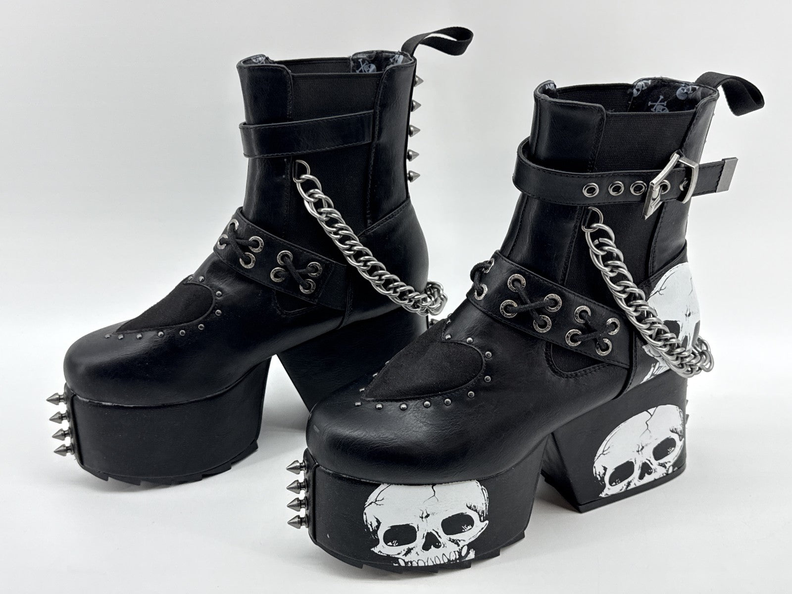 LAMODA Skull Punk Gothic Platform Boots Womens 8 Black Faux Leather Chains Goth