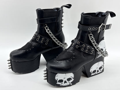 LAMODA Skull Punk Gothic Platform Boots Womens 8 Black Faux Leather Chains Goth
