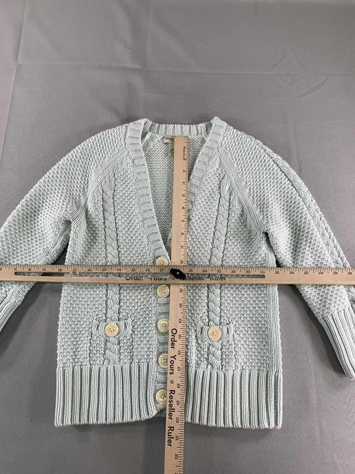 Banana Republic Sweater Womens Medium Mint Green Cardigan Cable Knit Pockets 100
