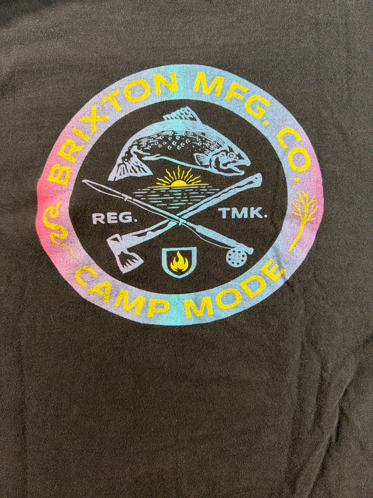 Brixton MFG Co Camp Mode Black Washed Fishing Camping Rainbow Graphic Tee Med