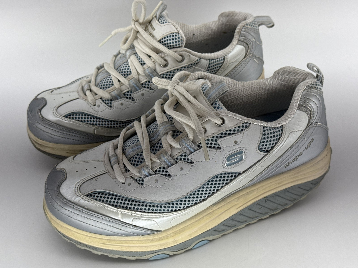 Skechers Shape Ups Toning Walking Shoes Mens 8.5 White/Gray Lace Up Leather