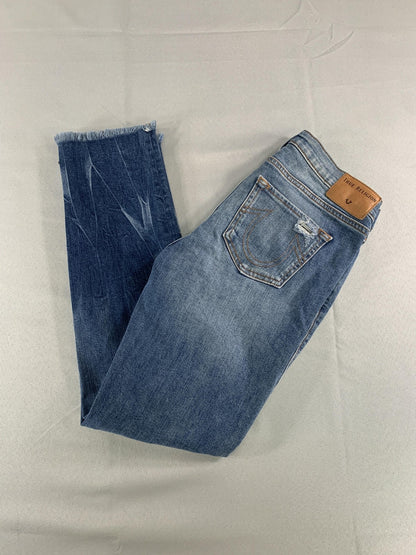 True Religion Jeans Womens 27 Sara Cigarette Distressed Zipper Hem Frayed Edge D