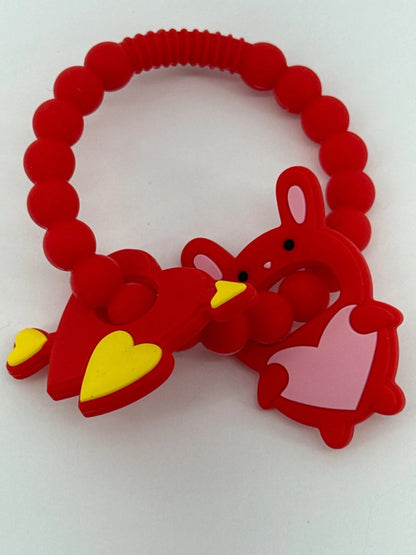 Silicone Baby Teething Toys Red Heart Bunny Ring Chew Rattle BPA-Free Soft
