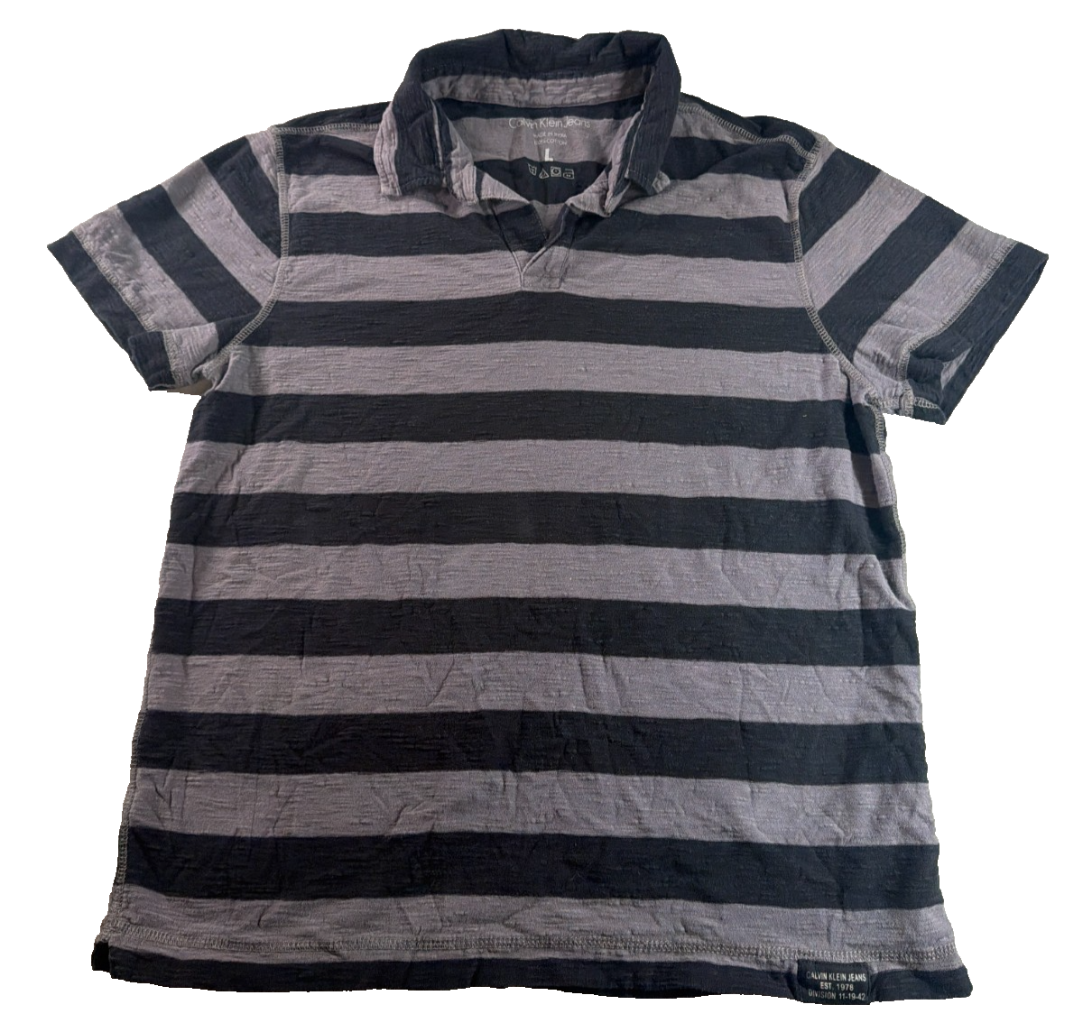 Calvin Klein Jeans Mens Large Gray Black Stripe Polo Shirt Cotton Slub Texture