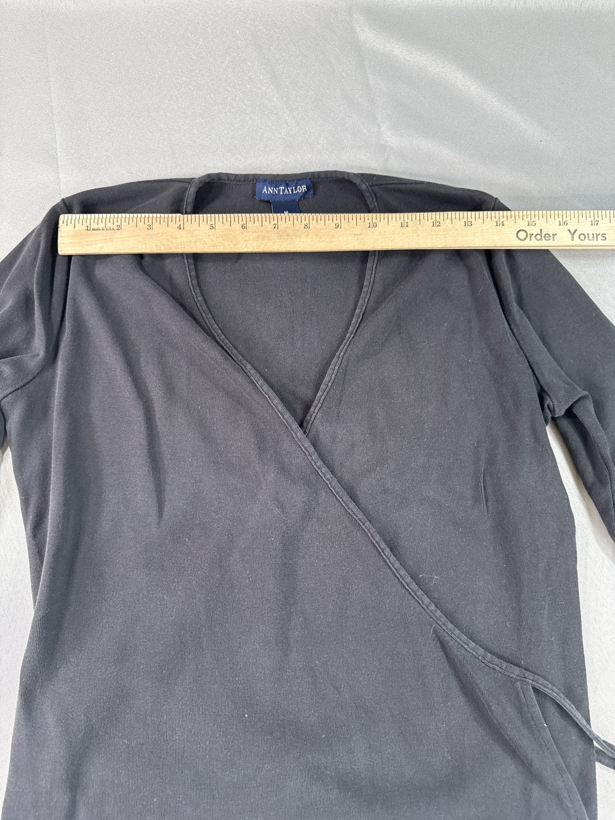 Ann Taylor Wrap Top M Long Sleeve Neck Black 100% Cotton Faux Stretch Solid