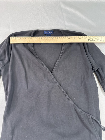 Ann Taylor Wrap Top M Long Sleeve Neck Black 100% Cotton Faux Stretch Solid