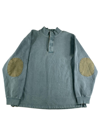 Orvis Pullover Sweater Mens Large Blue Mock Neck Elbow Patch Quarter Snap Casual