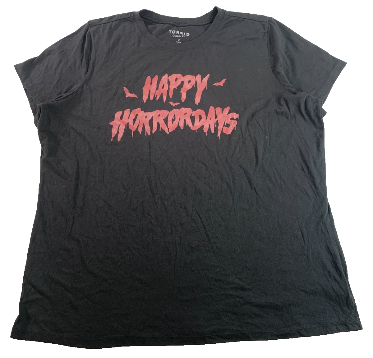Torrid Happy Horrordays Womens Plus 2 2X Black Halloween Graphic Tee Bats Goth