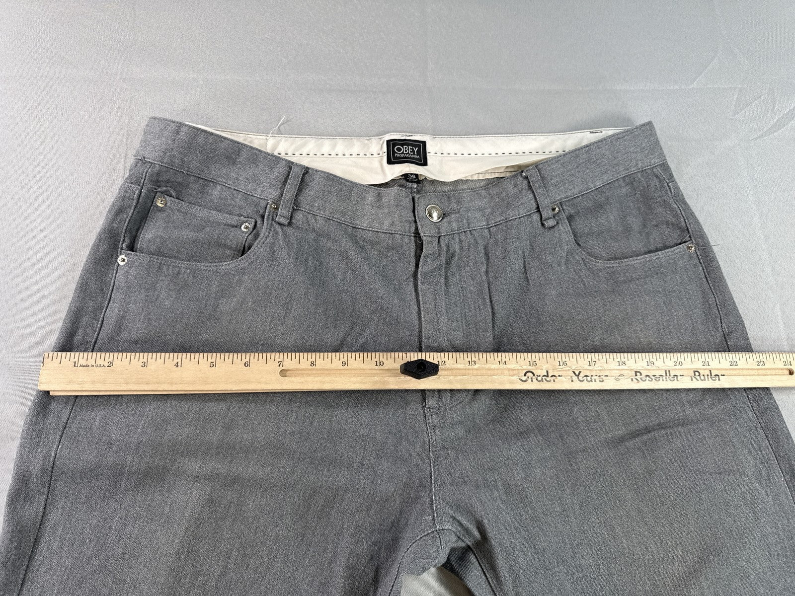 OBEY Straight Leg Jeans 38 Gray Cotton Polyurethane Stretch Modern Mid Slim