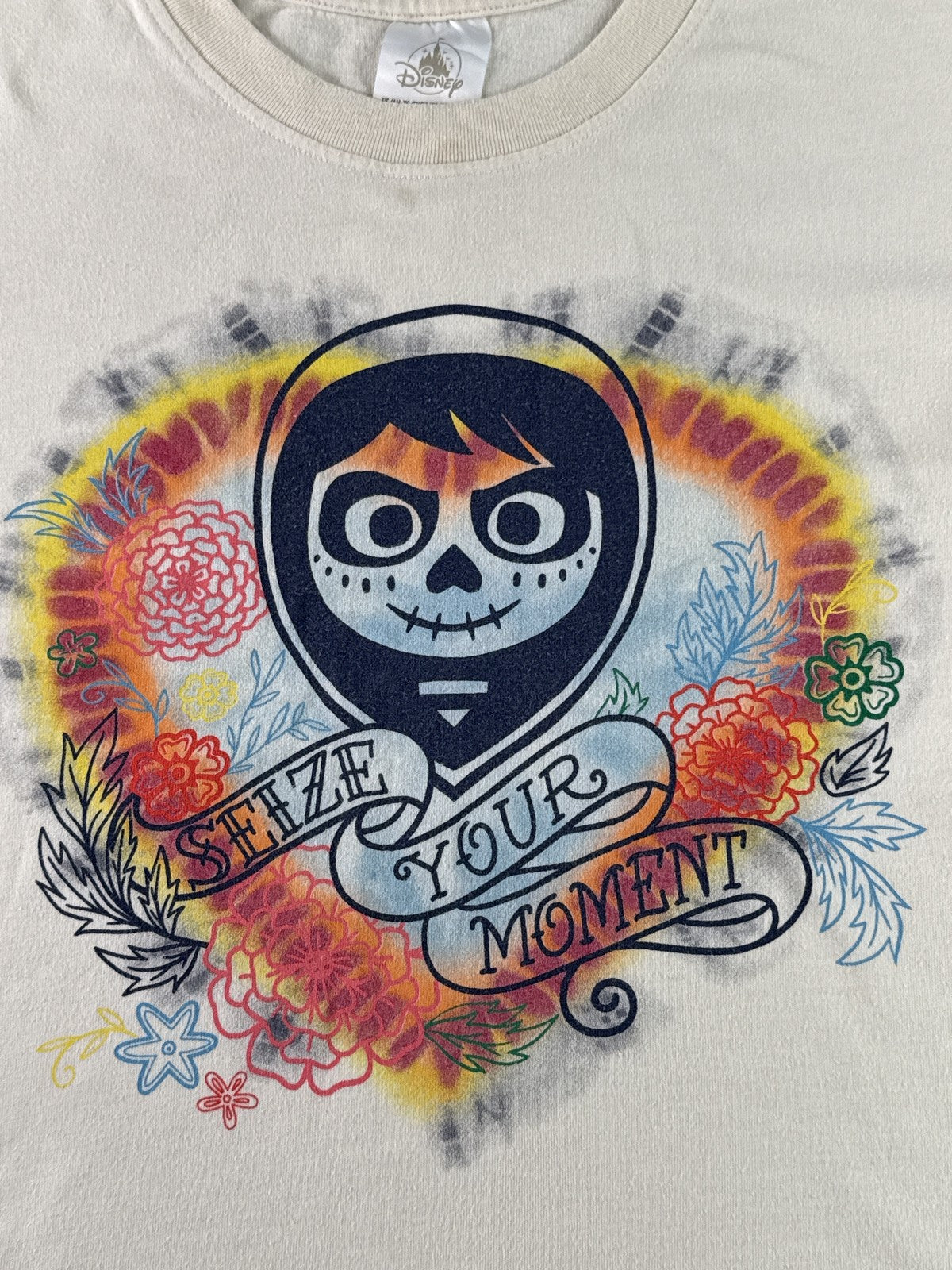 Disney Skull Dia de los Muertos Graphic Print Tee XS Beige Cotton Short Sleeve